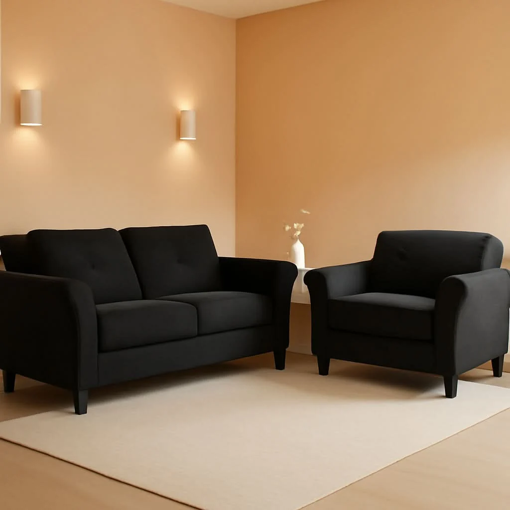Long-Lasting 2 Piece Living Room Sofa And Loveseat Set In Black Microfiber Upholste Easy-to-Use
