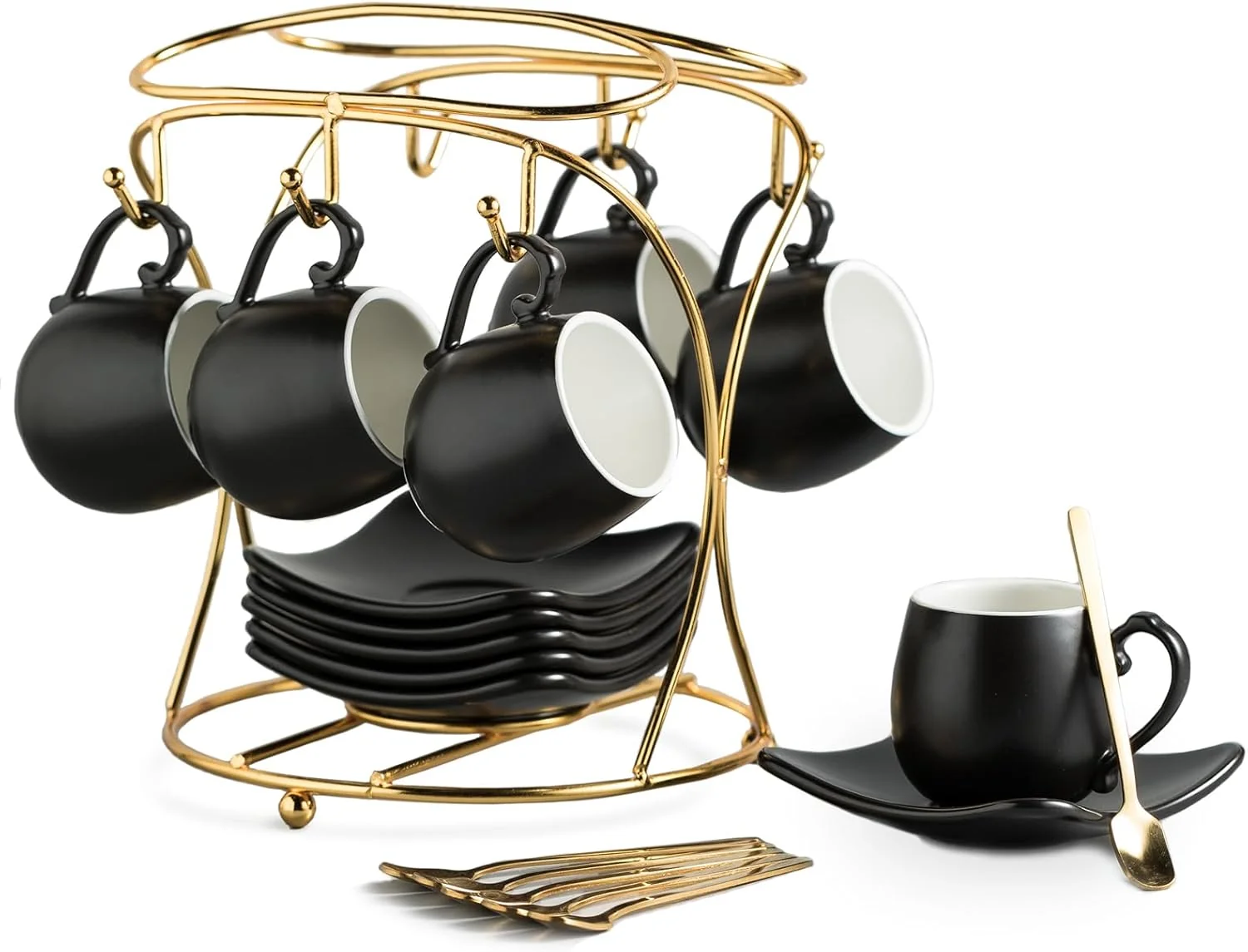 Efficient Lyeoboh Espresso Cups with Saucers Set 3 Ounces Porcelain Coffee Cups with Metal Stand and Spoons Artisan