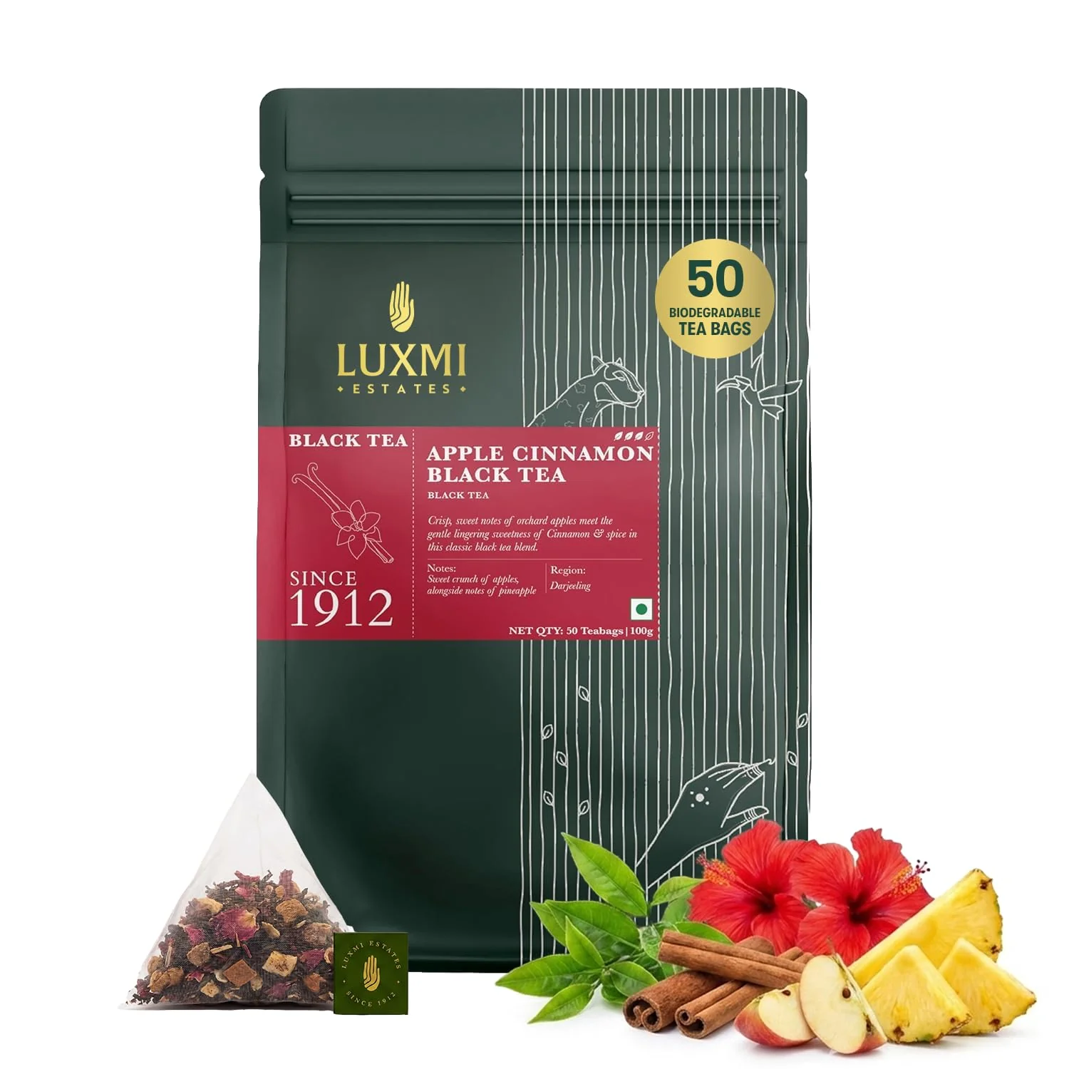 Elite Luxmi Estates Apple Cinnamon Black Tea 50 Tea Bags 100g 3.52oz Pack USDA Premium Black Tea 50 Biodegradable Tea Bags Functional