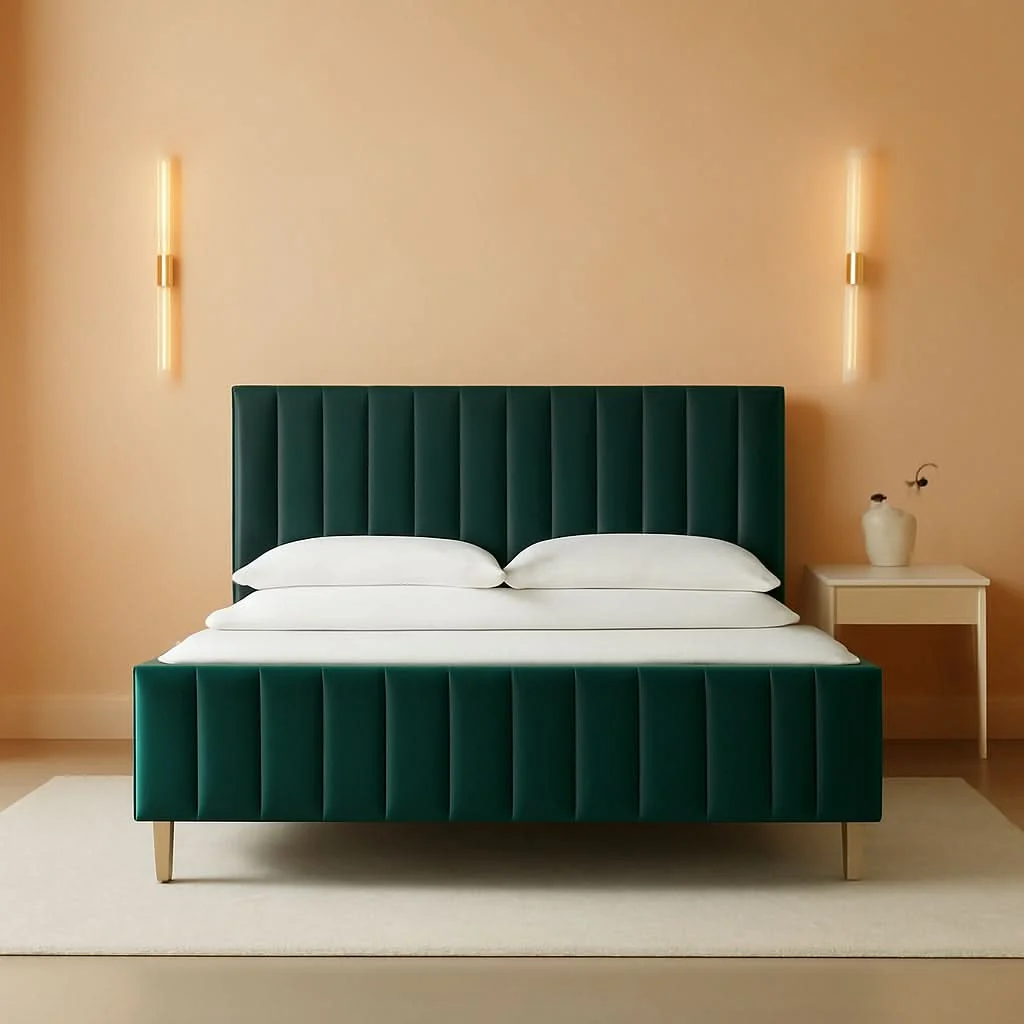 Quality Queen Size Velvet Platform Bed EmeraldGreen Headboard Practical