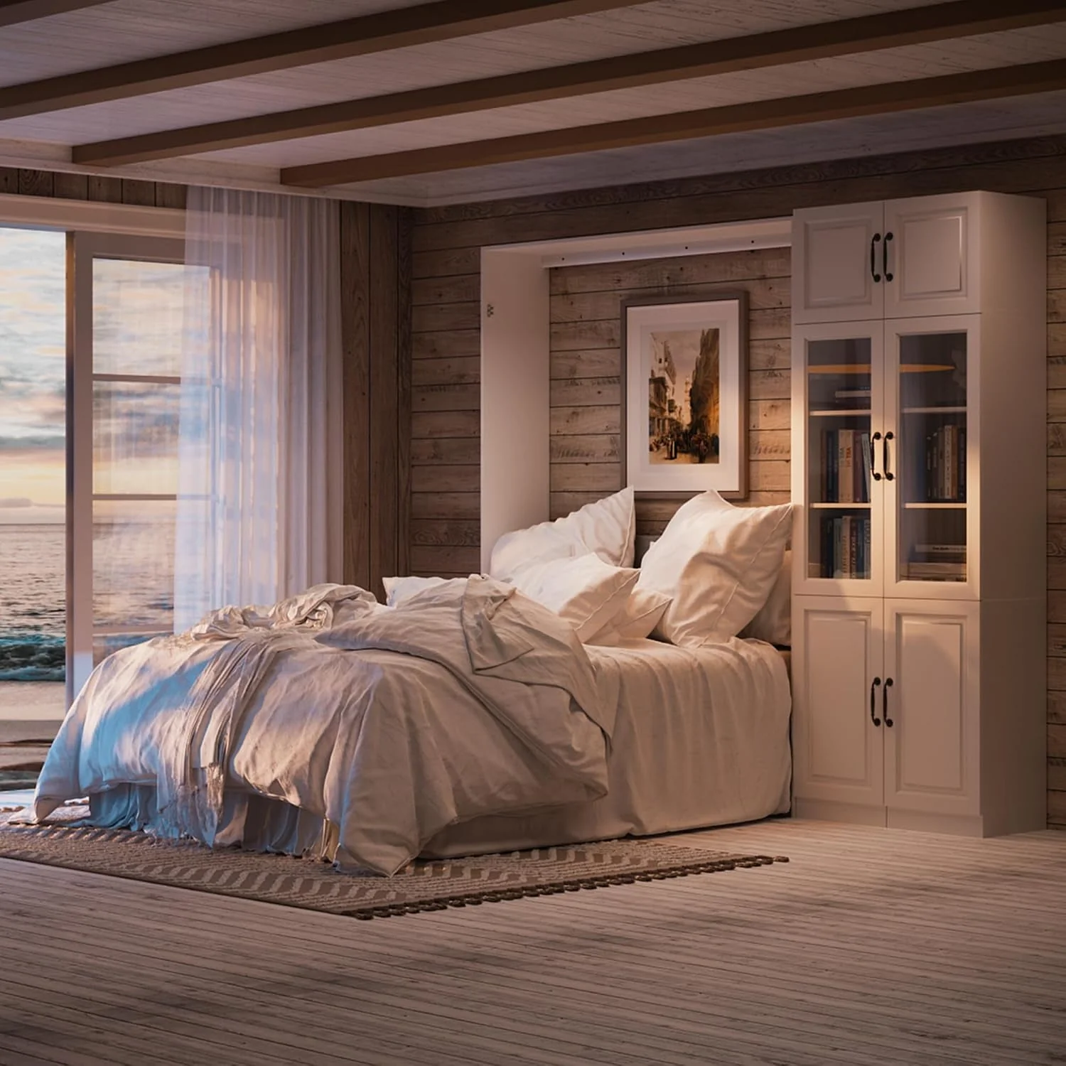 Expertly Made Queen Murphy Bed With Industrial Glass Cabinet White Casual