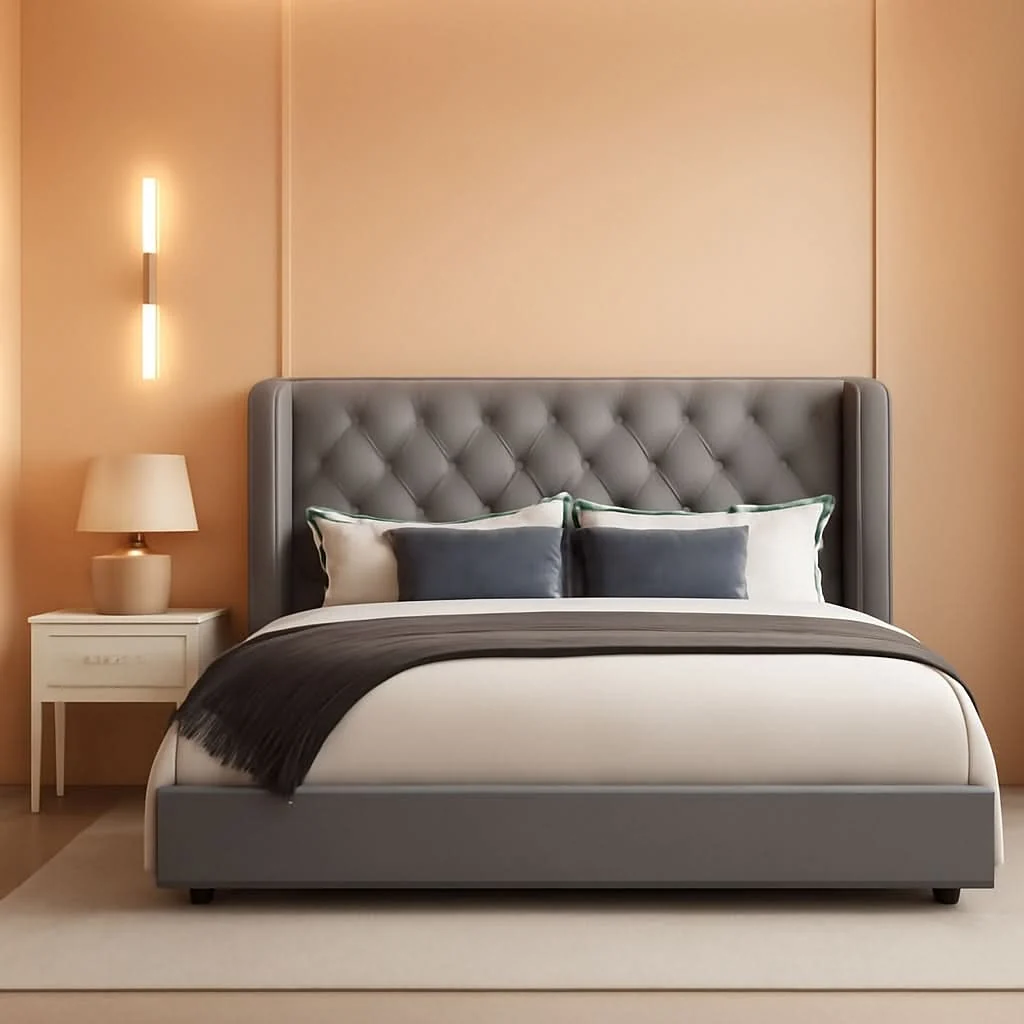 World-Class Grey VelvetLux Upholstered King Bed Frame Wing back Soft