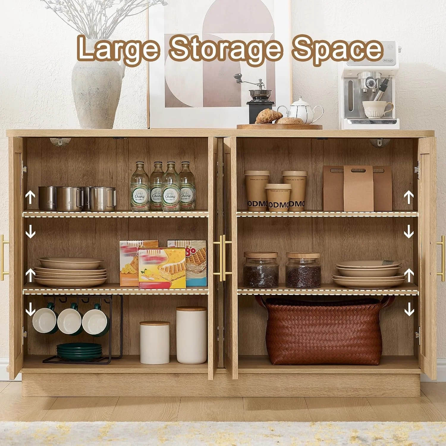 Detailed Oak Fluted Sideboard Buffet With Adjustable Shelves Quality