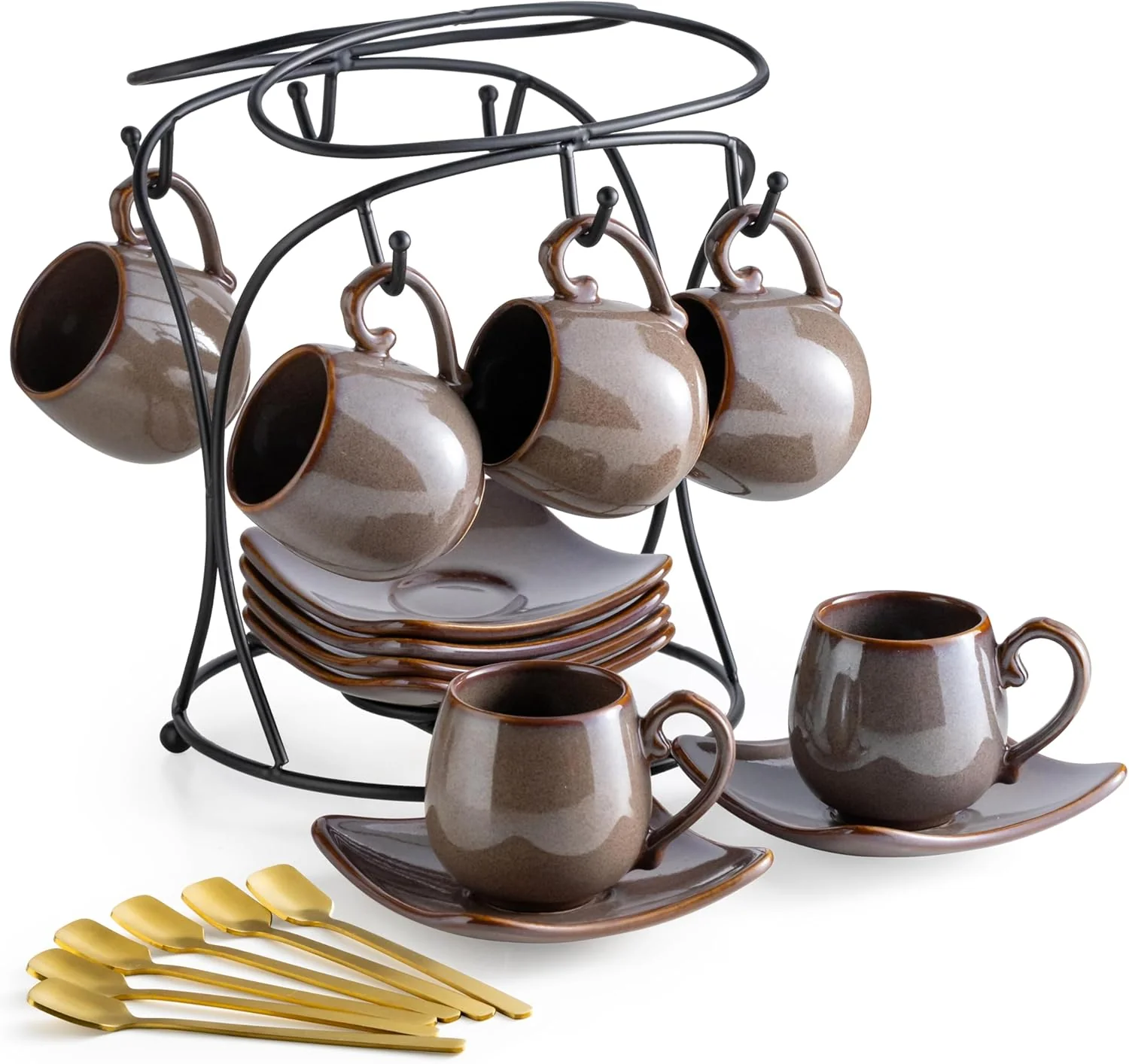 Safe Lyeoboh 3oz Coffee Espresso Cups with Saucers Set of 6 Ceramic Small Coffee Cups with Holder and Spoons Cute Demitasse Cups for Espresso Latte Sophisticated