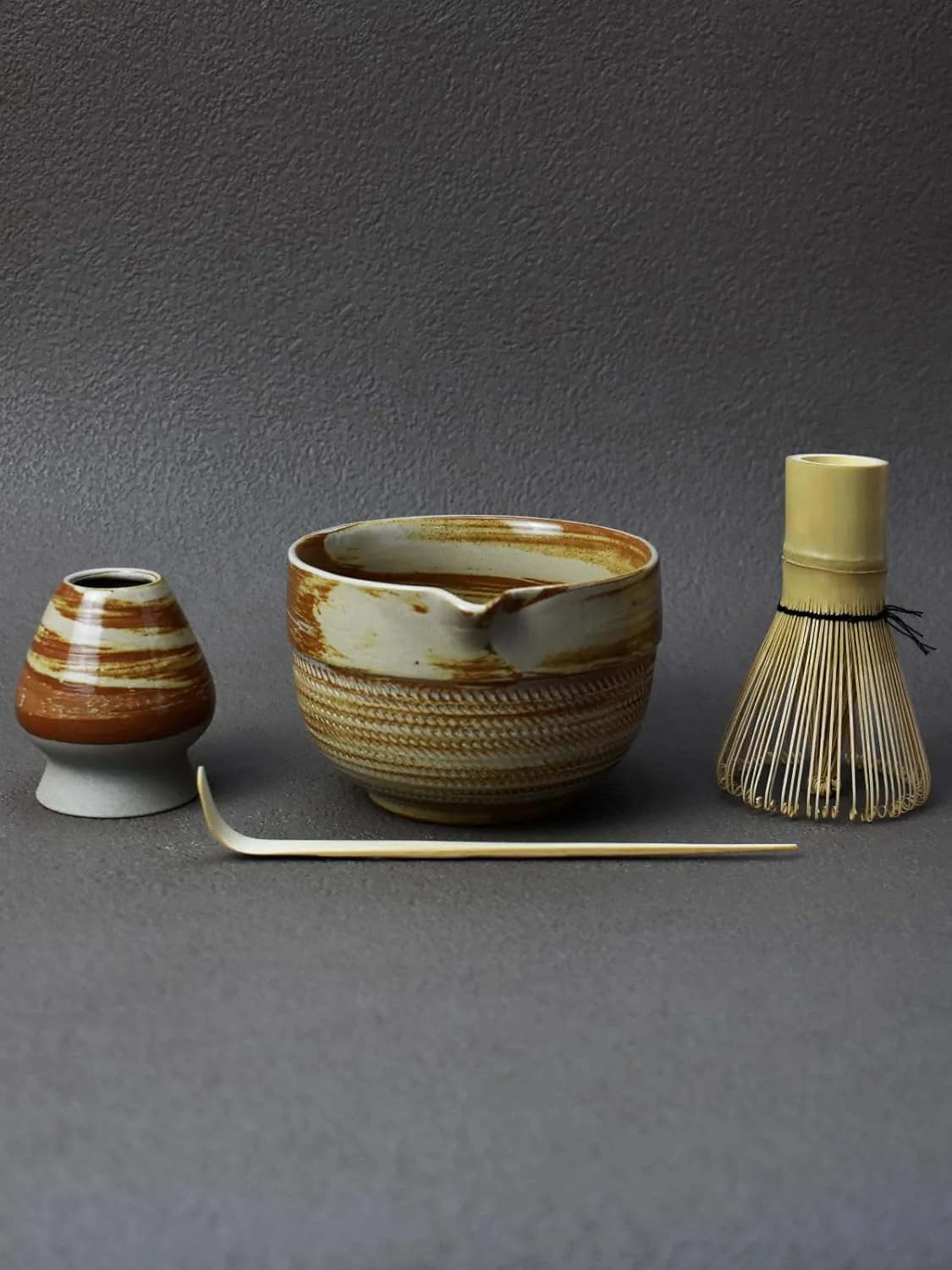 Carefully Designed Matcha Tea Set – 4 Piece Traditional Japanese Matcha Kit with Beige Brown Ceramic Spout Bowl Whisk Holder Scoop Guide Refined