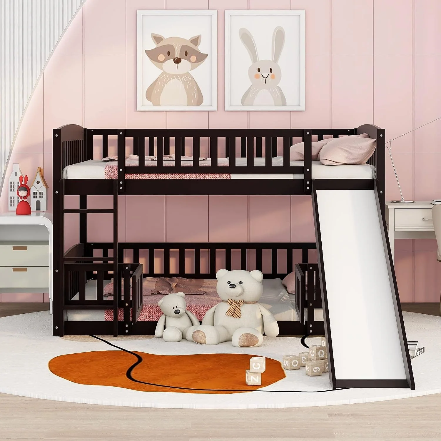 Optimized Espresso Solid Pine Full Over Full Bunk Bed With Slide Flexible