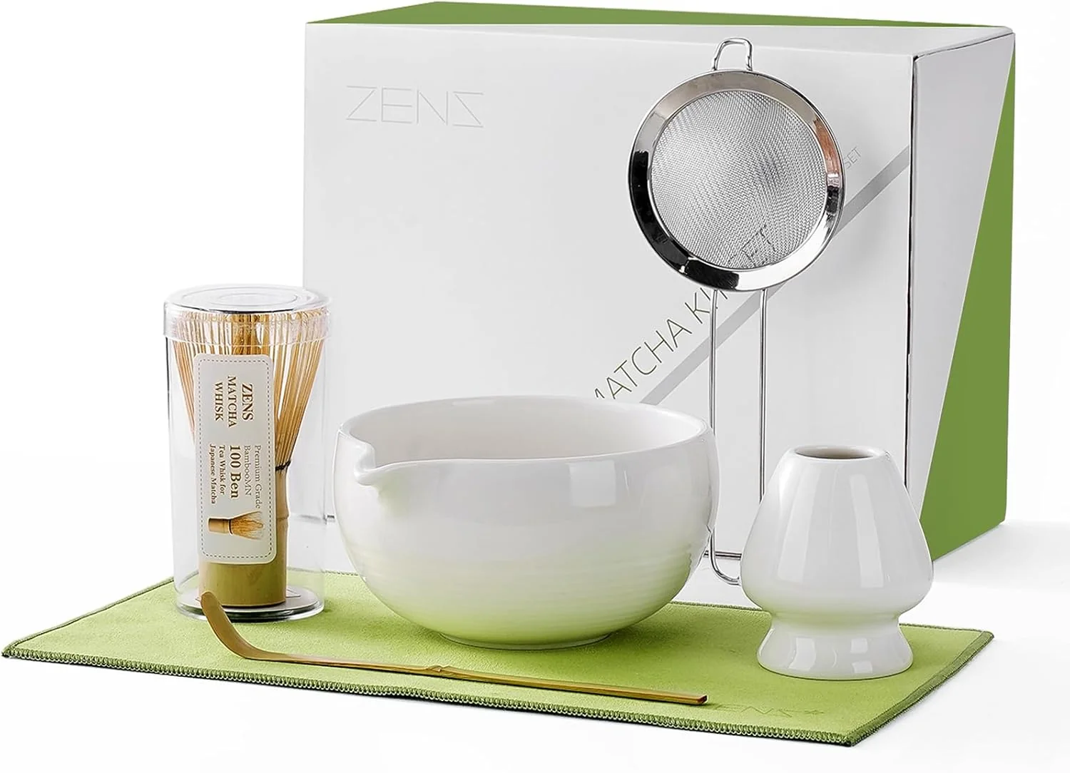 High-Grade Zens Matcha Whisk Set 6pcs Matcha Kit Set Includes Ceramic Bowl and Bamboo Whisk Chasen Holder Sifter Scoop -Tea Towel Recyclable