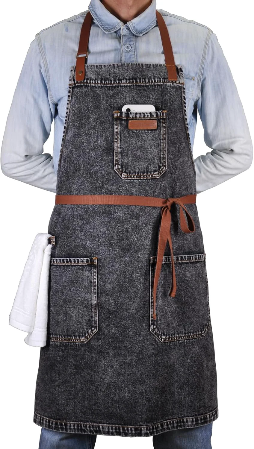 Genuine Denim Apron with Pockets Mens Womens Professional Black Kitchen Bib Apron for Chef Cooking Grill BBQ with Towel Loop and Adjustable Neck Straps Unique