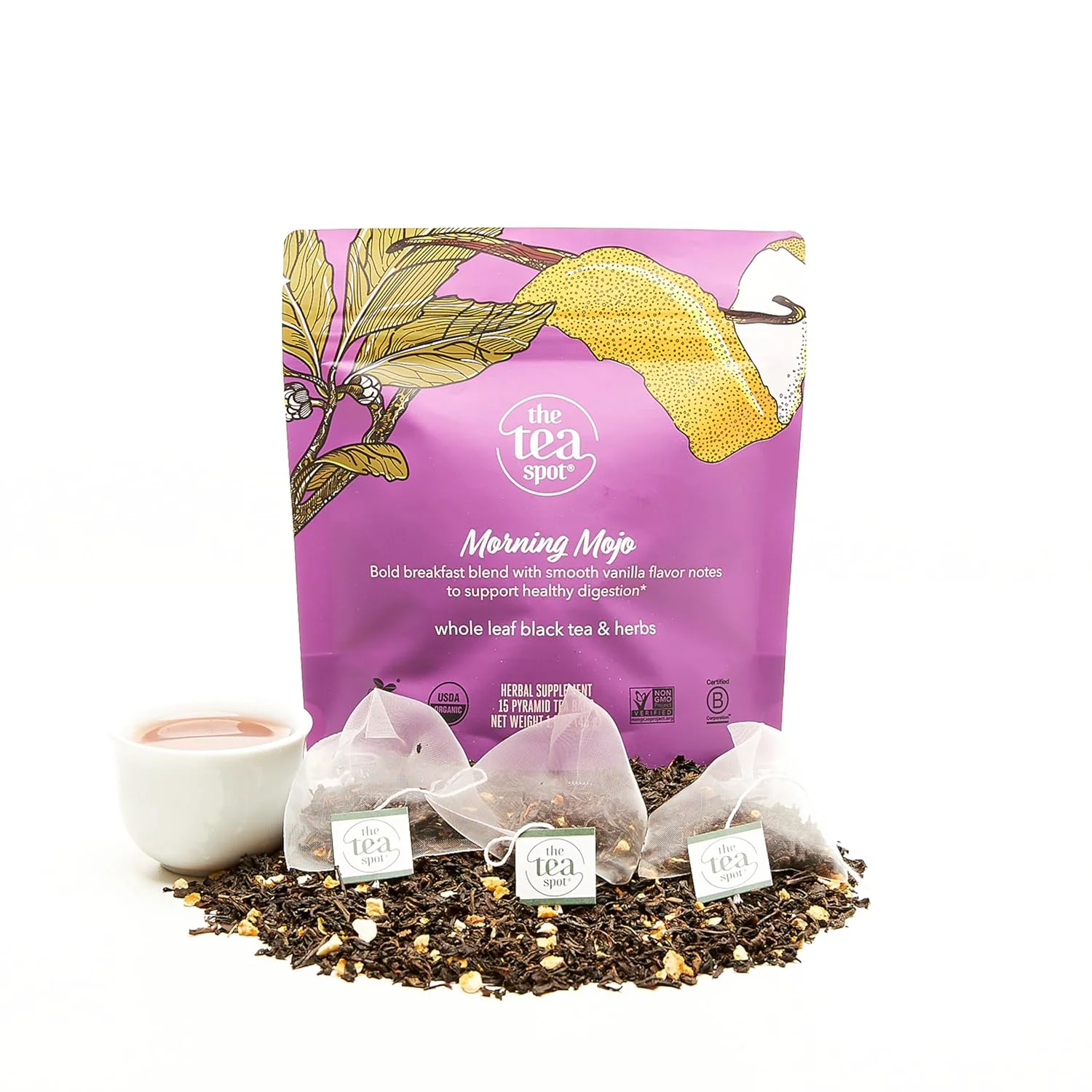 Carefully Designed The Tea Spot Organic Morning Mojo Black Tea with Vanilla and Citrus for Energy Breakfast Blend of Pu’erh Tea Black Tea Certified