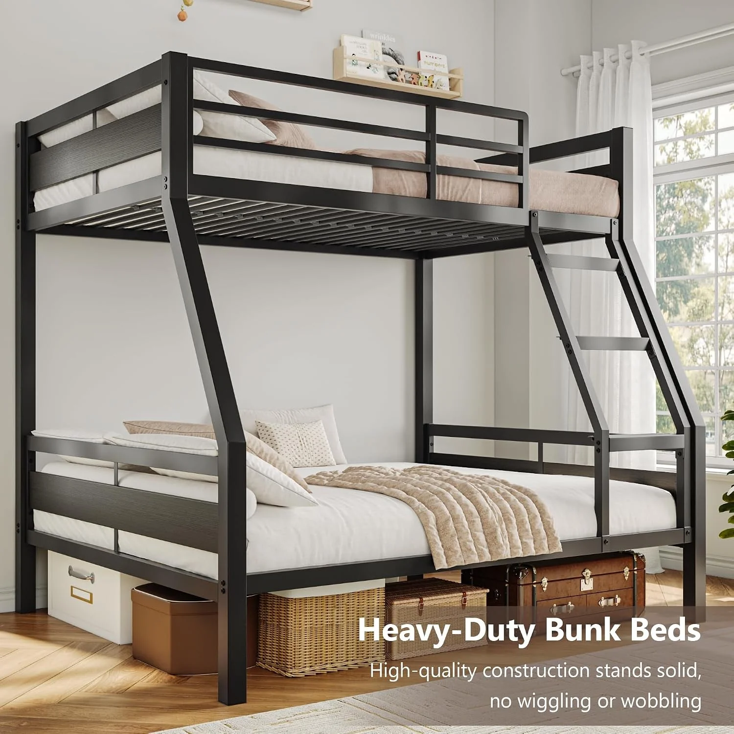 Excellent Reinforced Structural Industrial Steel Black Bunk Bed Eco-Friendly
