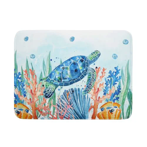 Versatile Sea Turtle Dish Drying Mat 18x24in Watercolor Blue Tortoise Dish Drainer Mats Nautical Ocean Coral Seashell Seaweed Microfiber Dish Drying Pad for Kitchen Countertop Large Decor Secure