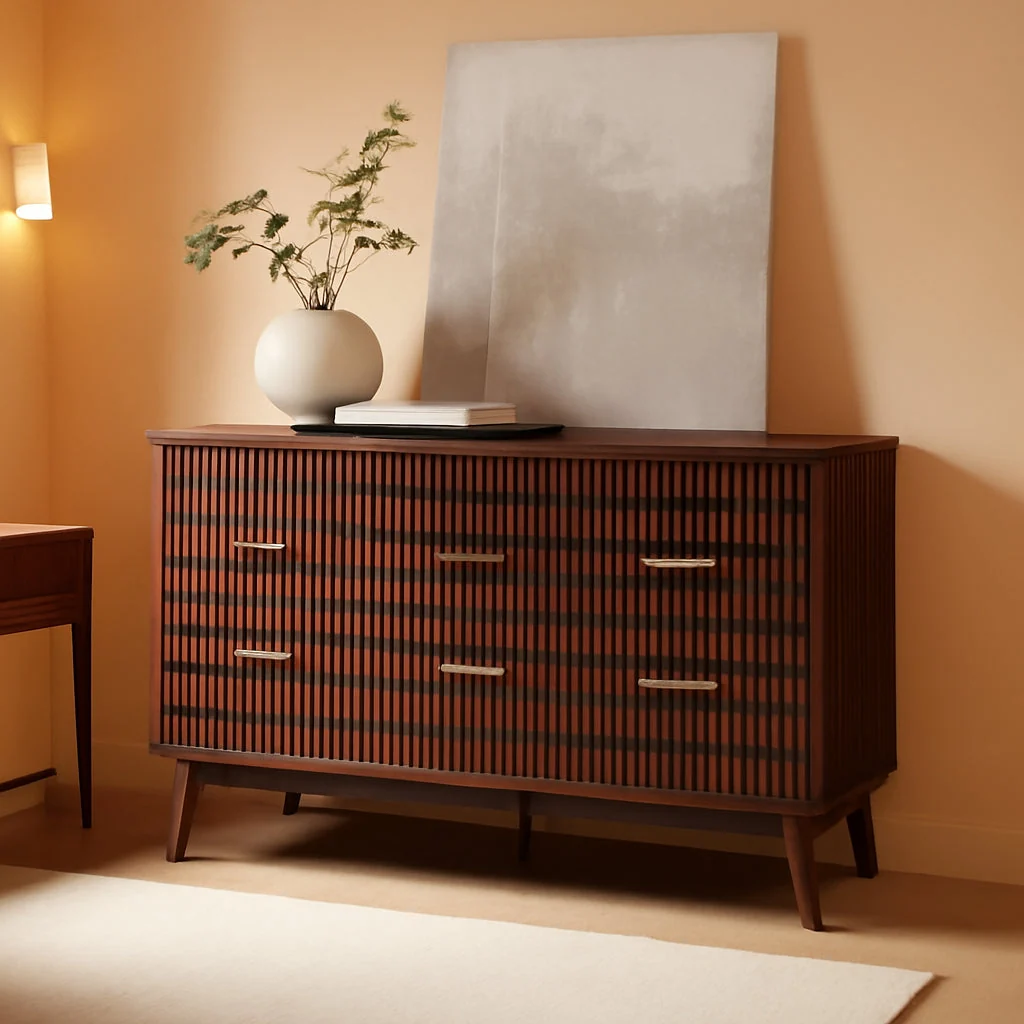 Stylish Dark Walnut Contemporary Fluted Six Drawer Dresser High-End