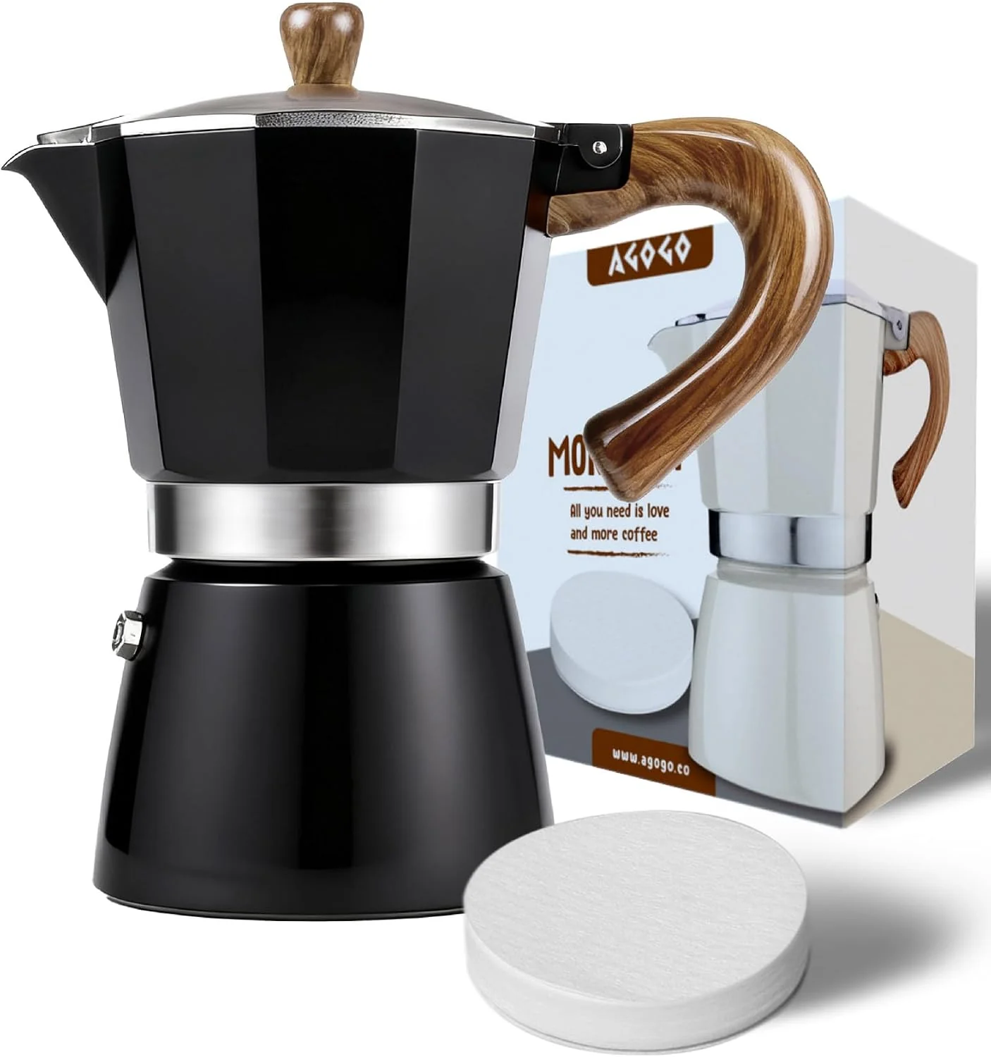 Next-Generation AGOGO Moka Pot Stovetop Espresso Set amp Cuban Coffee Maker 6-Cup 300ml Black Upgraded anti-snap grip Home amp camping greca percolator 100 filters for sediment- brew Brush amp towel gift set Exclusive