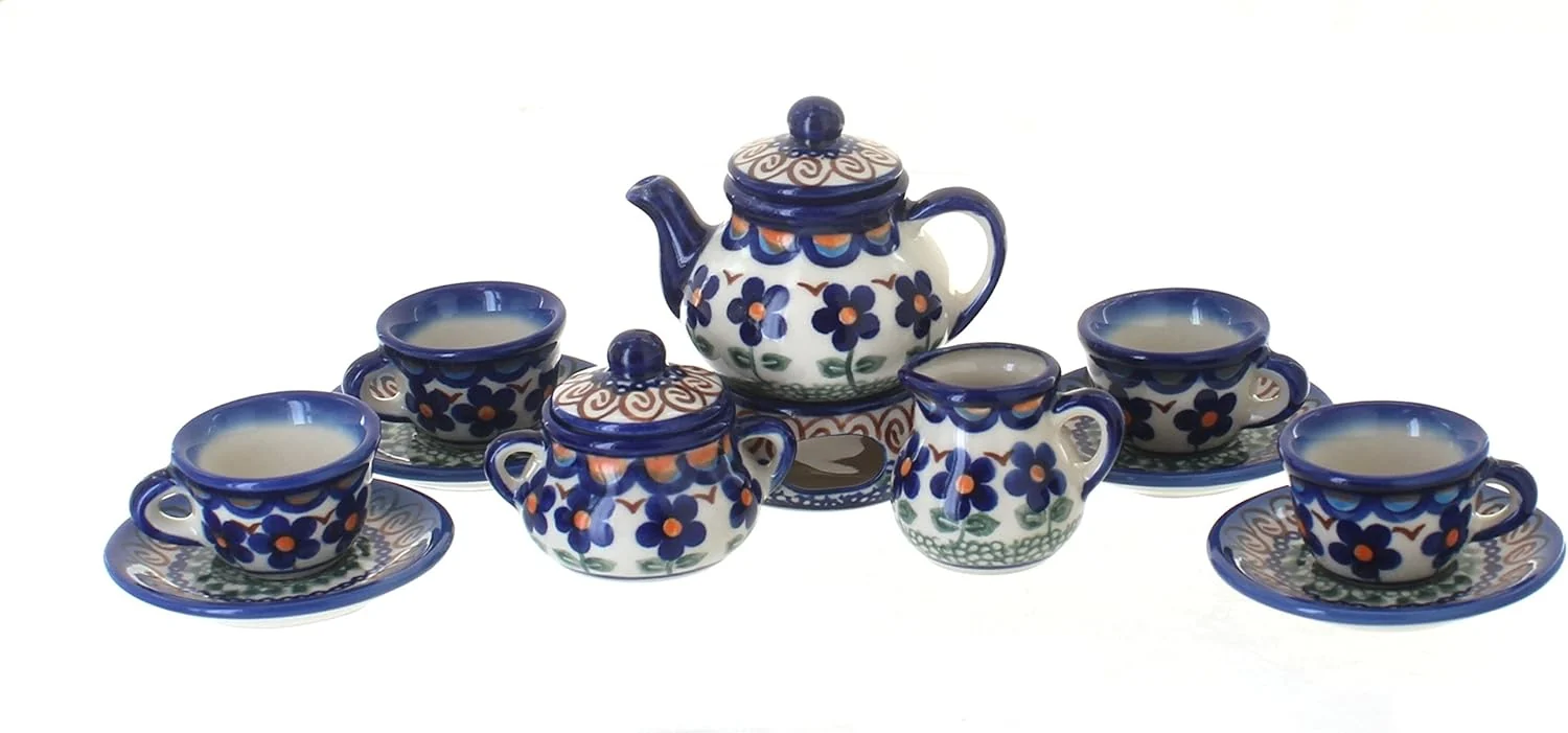 Environmentally Friendly Blue Rose Polish Pottery – Blue Aztec Flower Miniature Tea Set – 1 Set – Polish Pottery Collectible Tea Set with Teapot Cups Decorative Gift Sustainable