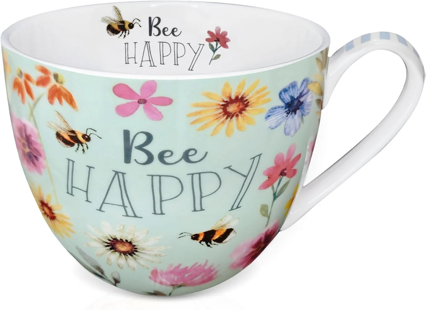 Artisan 20 oz Bees Flowers Coffee Hug Mug Be Happy Designed to Spread Joy Premium Bone China Holiday and Birthday Gift for Women Contemporary