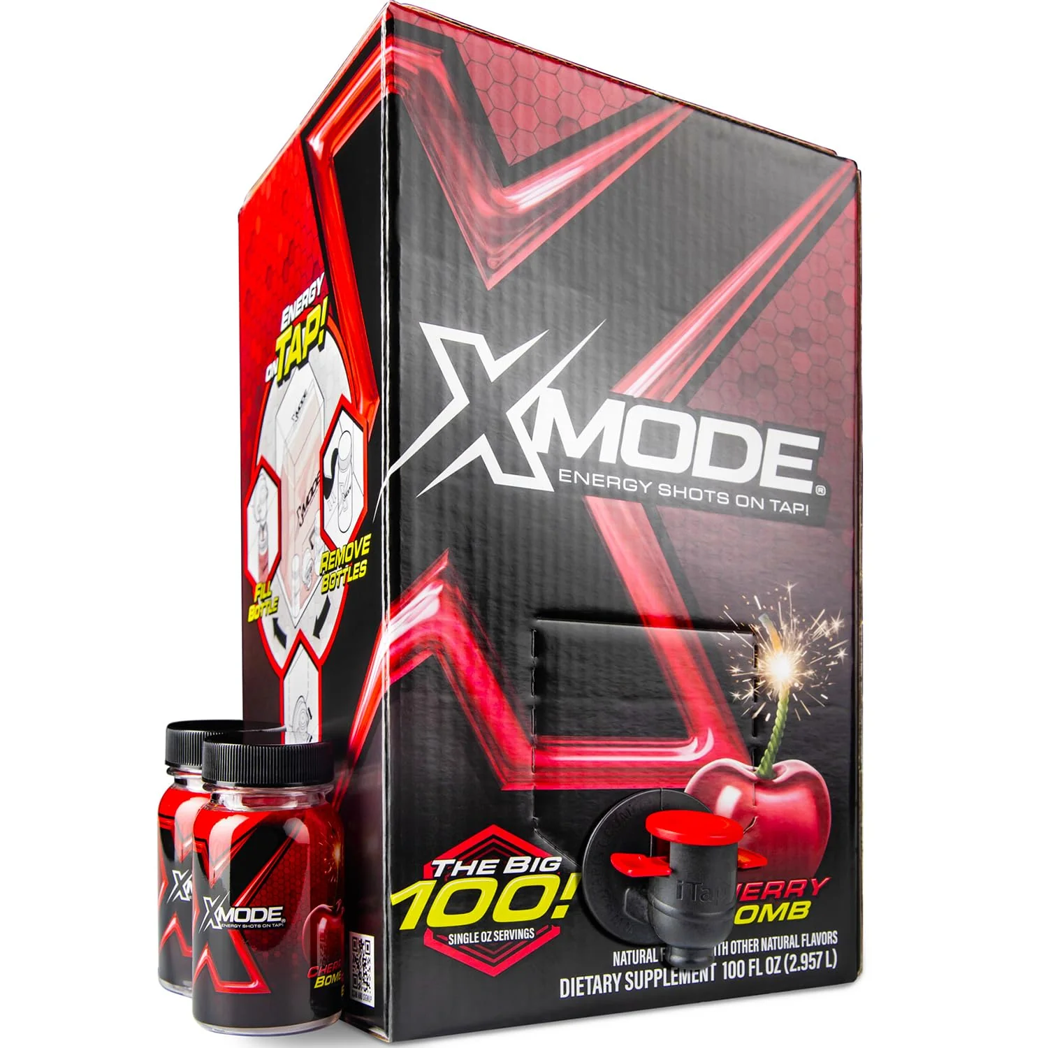 Original XMODE Extra Strength Energy Shots on Tap – Cherry Bomb Flavor Sugar 150mg Caffeine per oz B12 100 1oz Servings Dispenser with 2 Refillable Bottles Fine