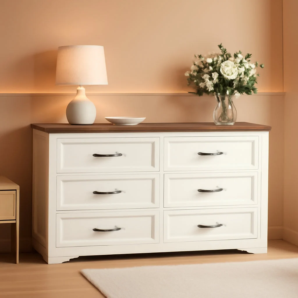 High-End Farmhouse Six Drawer Dresser Walnut Engineered Wood Genuine