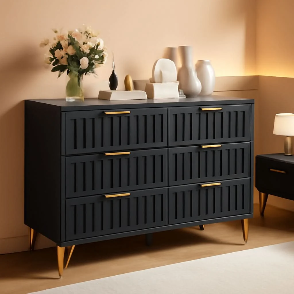 Stylish Fluted Stainlesssteel Dresser Six Drawer Black Mattefinish Flexible