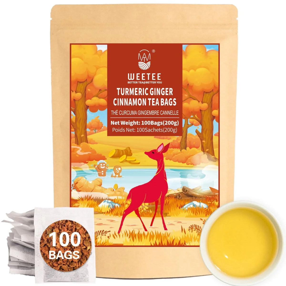 Functional WT WEETEE Turmeric Ginger Cinnamon Tea Bags 100 Count Smooth Earthy Blend Caffeine- Infusion with Turmeric Spicy Ginger amp Sweet Cinnamon Antioxidant-Rich Daily Tea Enjoy Hot or Iced Secure