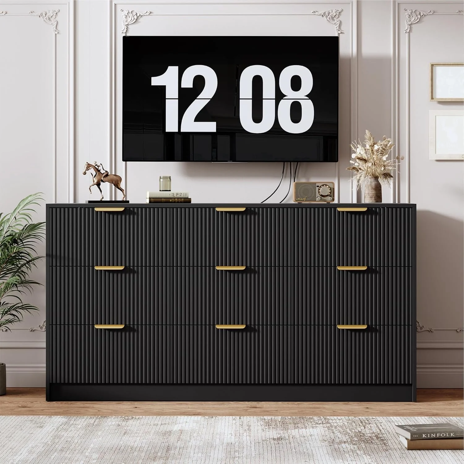 Efficient Multifunctional 59 Inches Wide Black Fluted Dresser Crafted