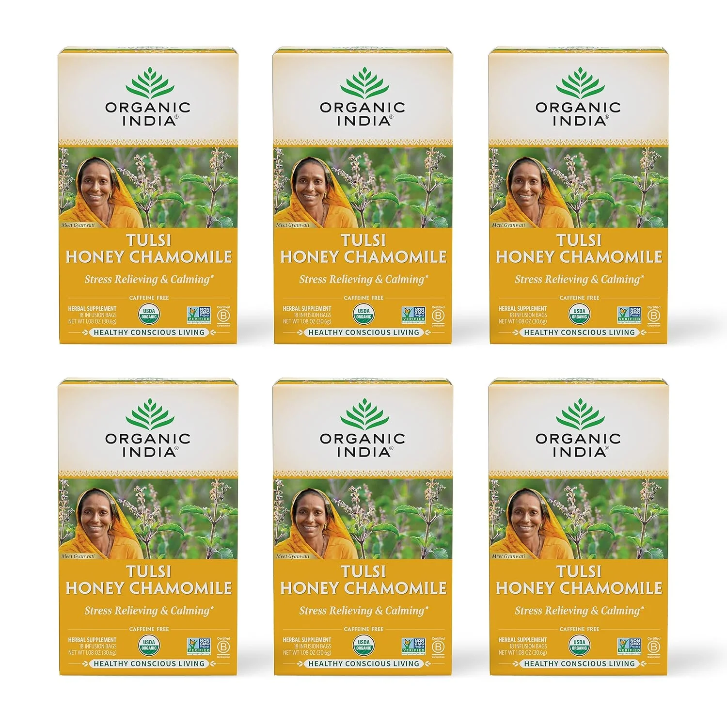 Specialty Organic India Tulsi Honey Chamomile Herbal Tea – Holy Basil Stress Relieving amp Calming Immune Support Adaptogen Vegan USDA Organic Caffeine- – 18 Infusion Bags 6 Pack Minimalist