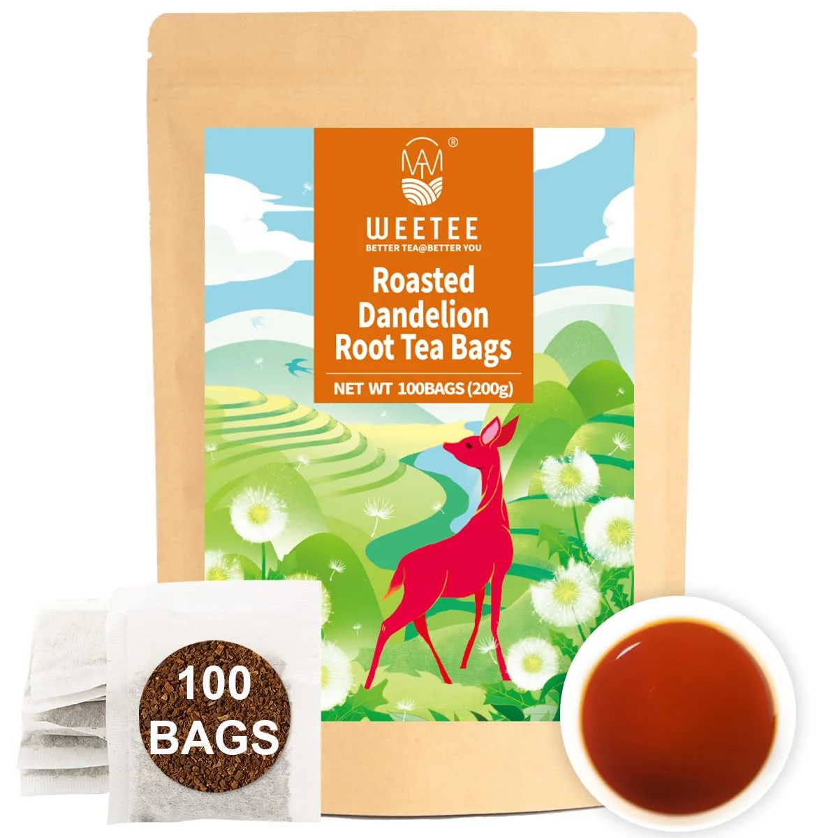 Proven WT Weetee Roasted Dandelion Root Tea Bags 100 Count Dandelion Tea with Light Earthy Roasted Aroma Natural Caffeine Herbal Tea Fine