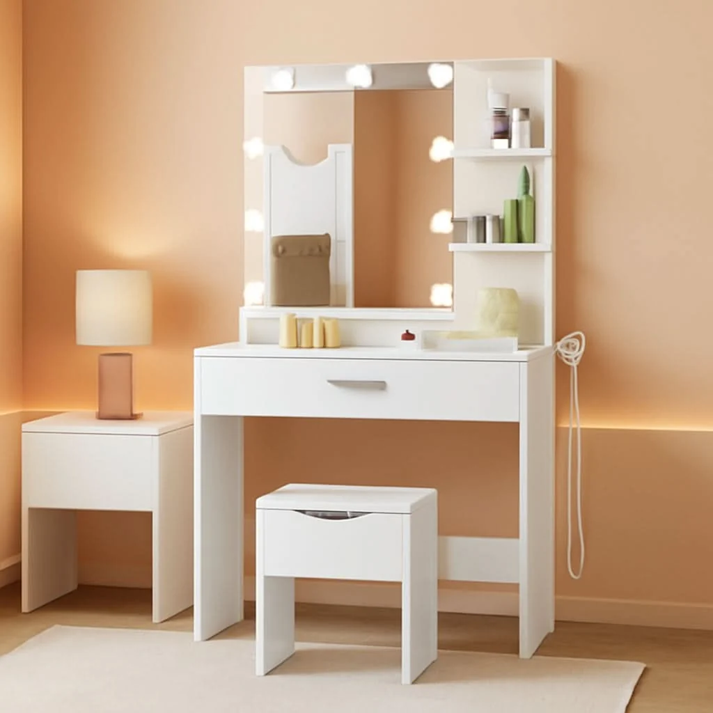 Expertly Made White Vanity Set With Lighted Mirror And Built In Power Prestigious