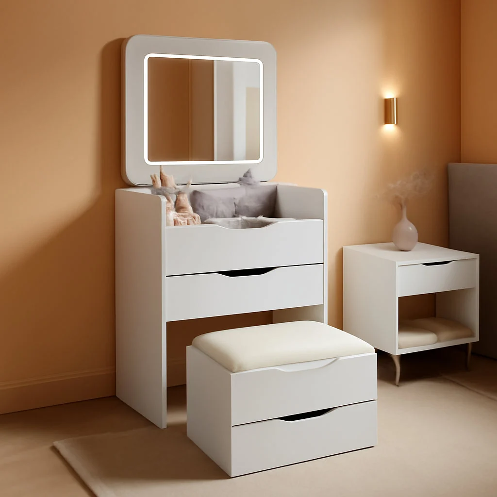 Crafted White Compact Vanity Desk Featuring Illuminated Lights Environmentally Friendly