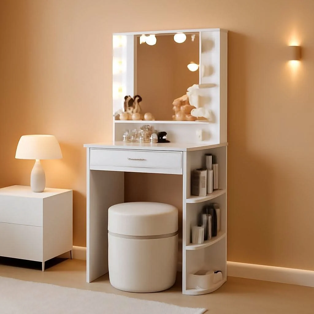 Detailed White Makeup Vanity Dresser With Illuminated Mirror Classic