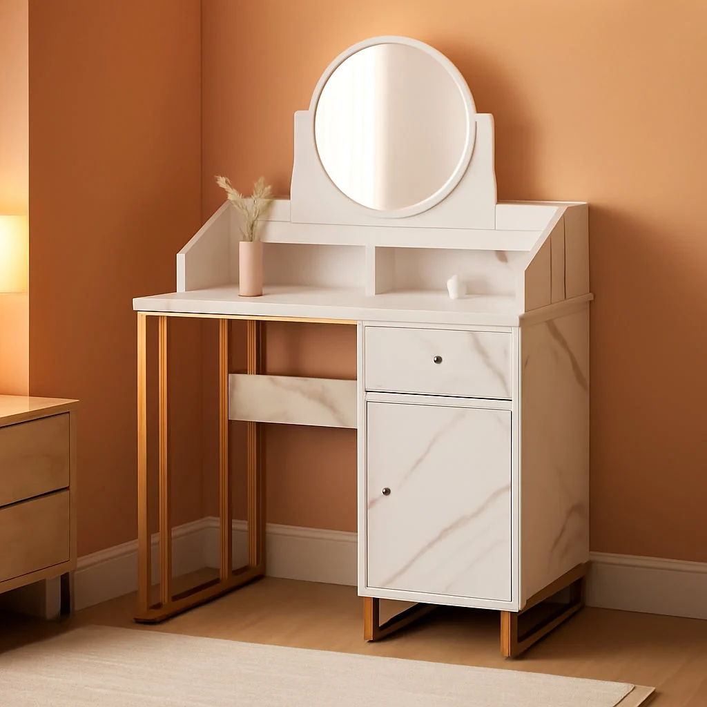 Durable White Dressing Table Vanity Desk Adjustable Mirror Fast
