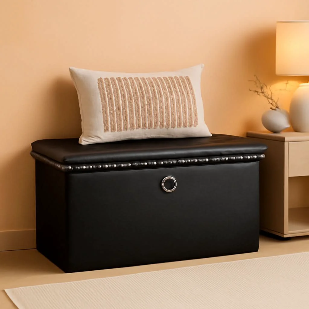 Modern Faux Leather Folding Storage Ottoman 30 Inch Size Black Pure