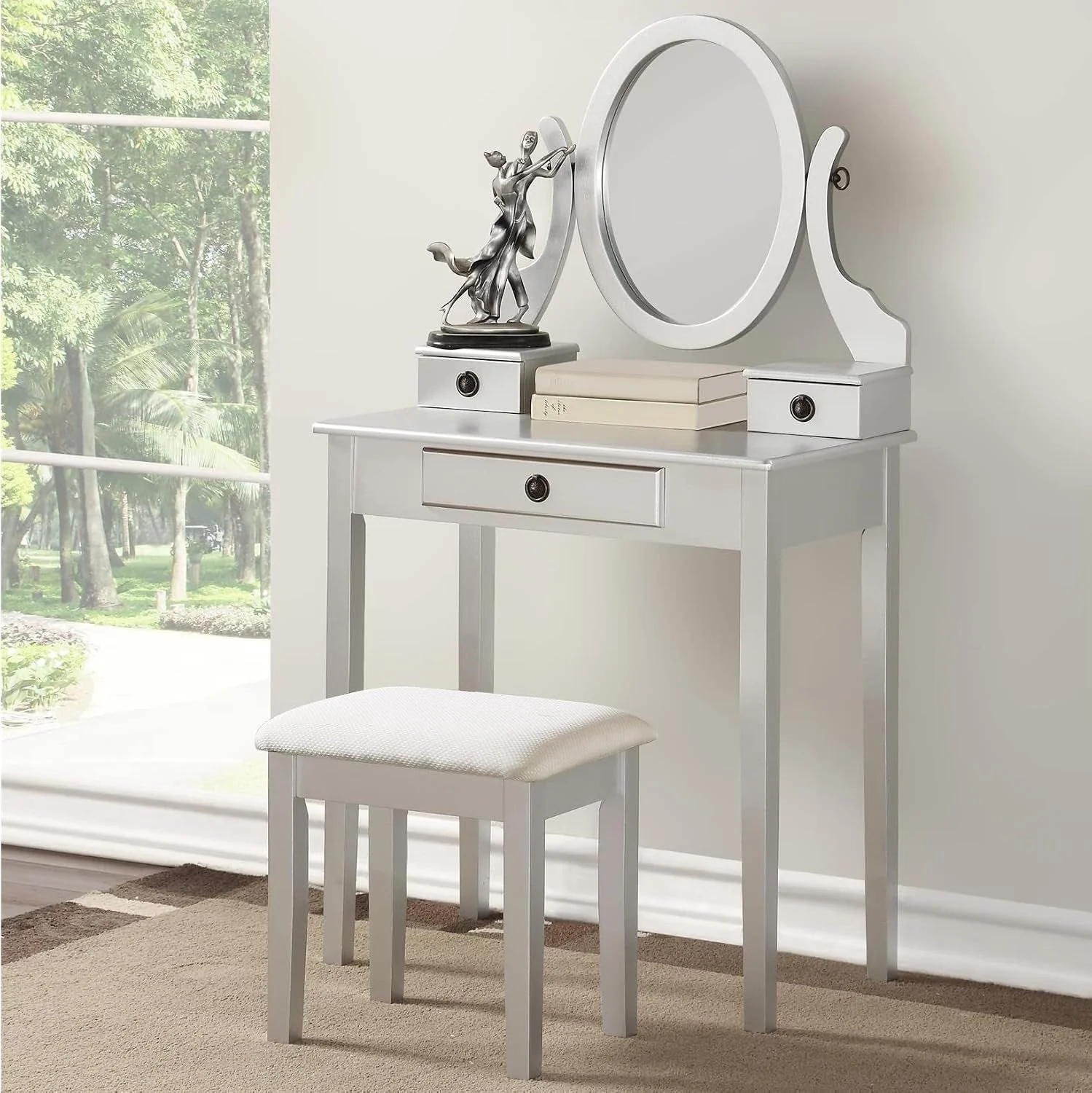 Verified Silver Contemporary Vanity Table With Swivel Mirror Prestigious