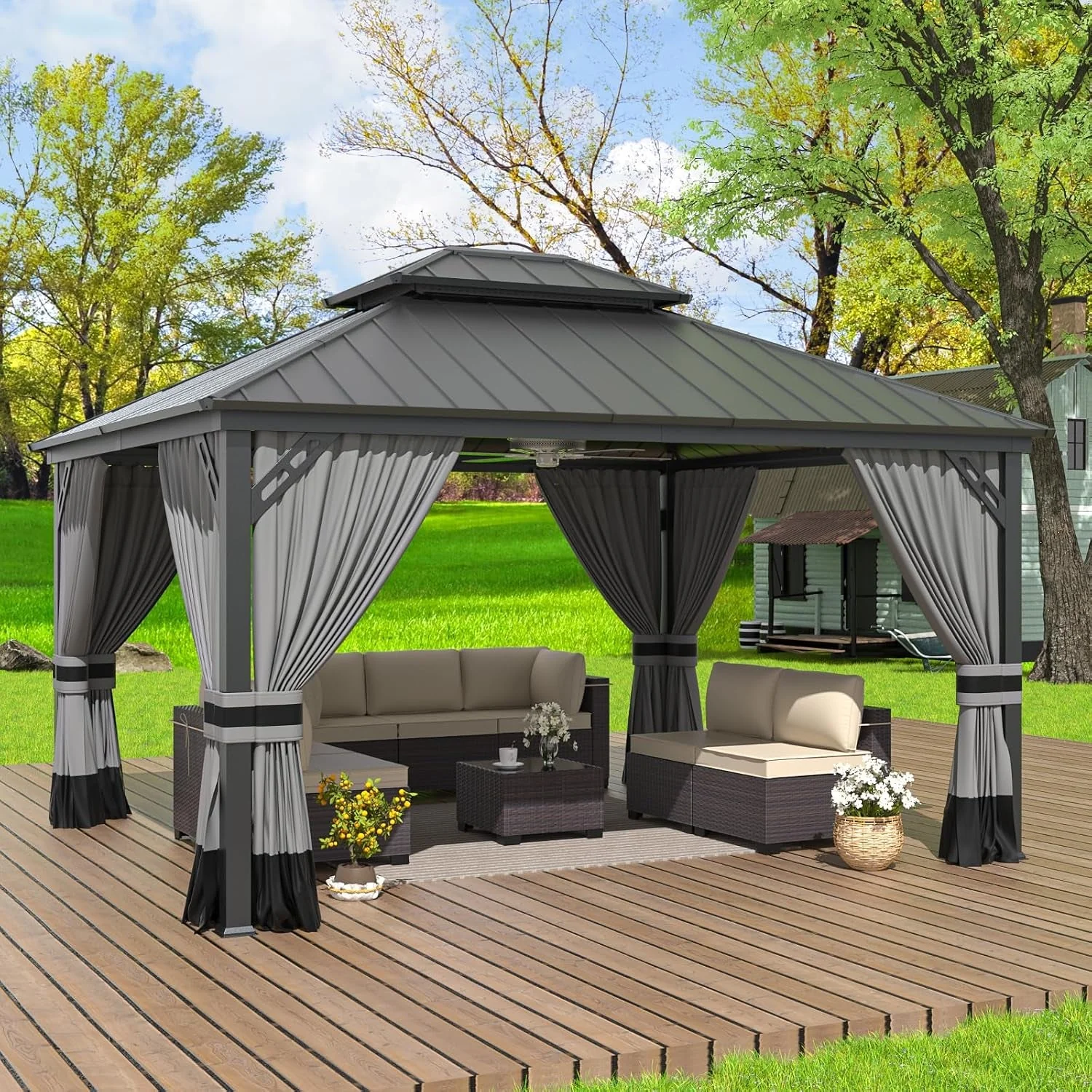 Reliable 12×14 Gray Hardtop Gazebo Outdoor Weatherproof Netting Sustainable