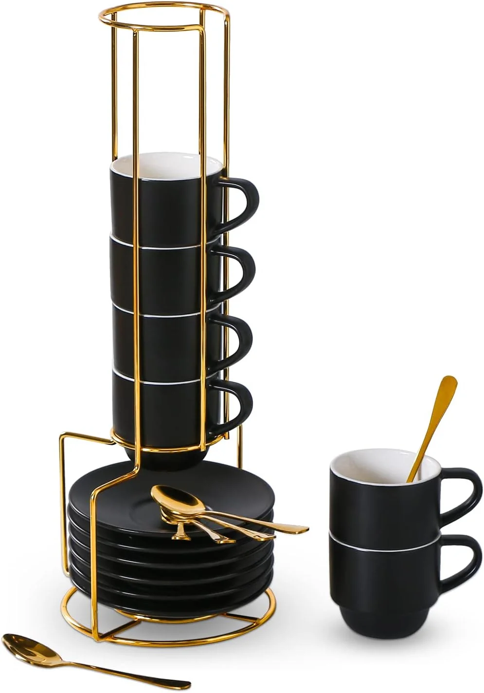 Professional Lareina Porcelain 3-Ounce Espresso Cups Set of 6 Small Stackable Coffee Cups with Saucers Spoons and Metal Stand – Ceramic Demitasse Mugs Original Design