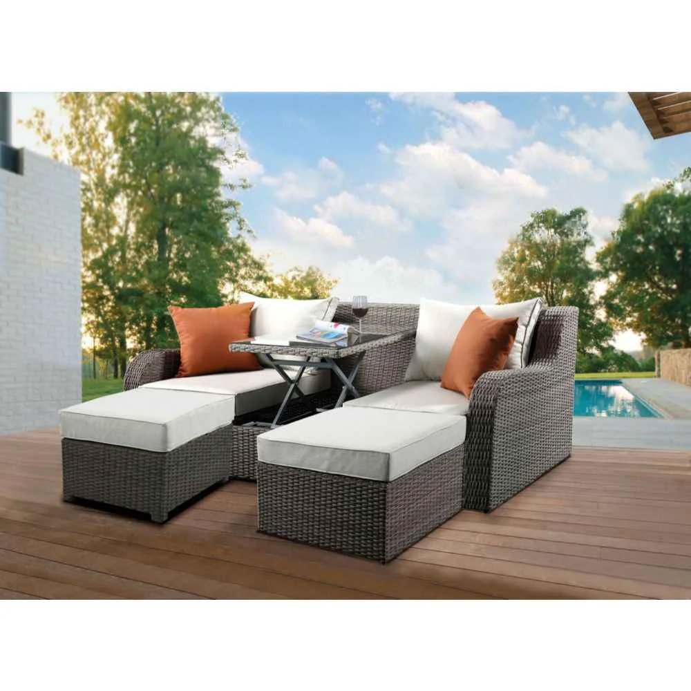 Clean na – Patio Sofa With 2 Pillows 2 Ottomans – Beige Fabric Gray Wicker Flexible