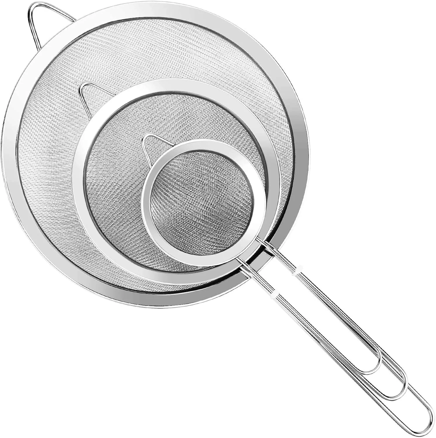 3Pcs Super Wire Extra Fine Mesh Strainer with Handle Small Medium Large Size Sifter Metal Strainer Set Healthy