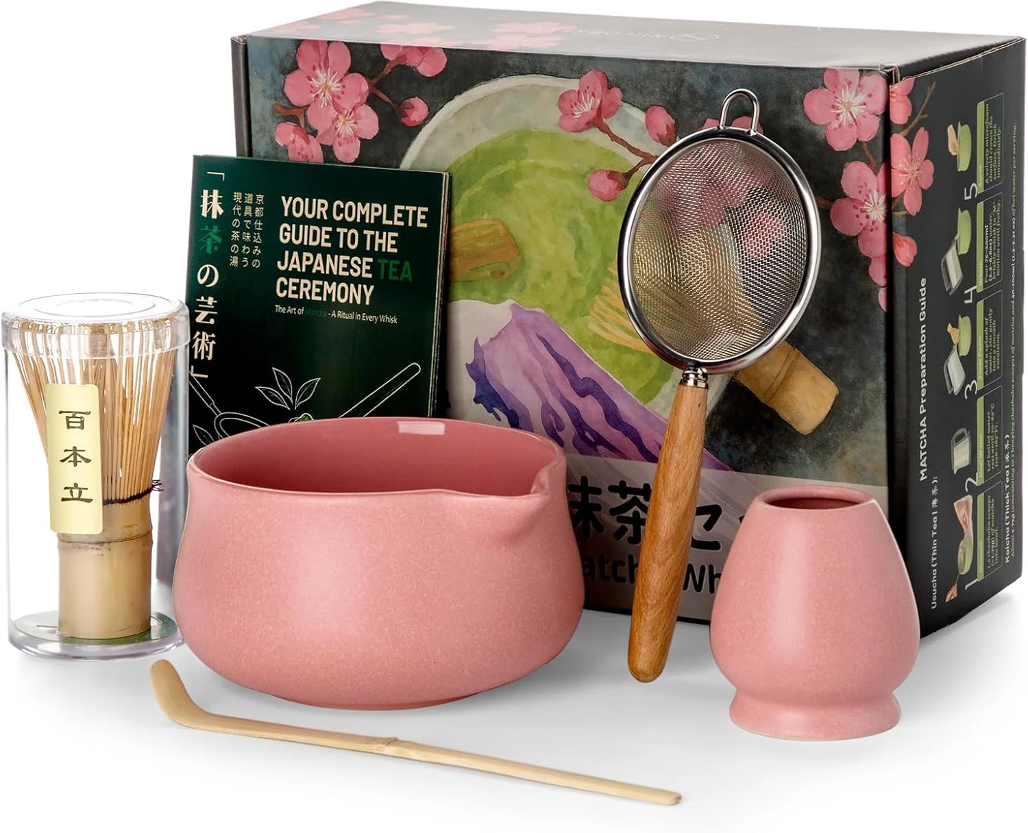 Smart Nucookery Matcha Set – 5PCS Matcha Whisk Set 18OZ Matcha Bowl Chawan with Spout Matcha Whisk Chasen and Holder Bamboo Matcha Scoop and Sifter World-Class