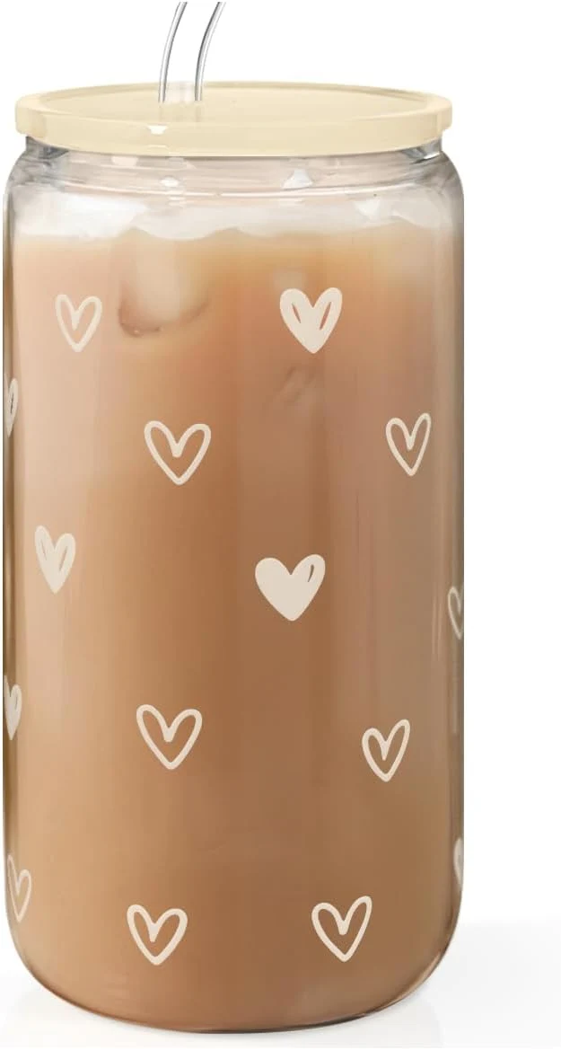 Selected Heart 16oz Can Glass Tumbler with Acrylic Lid Straw Iced Coffee Cup for Women Aesthetic Cups Gifts for Birthday Christmas Valentine Comfortable