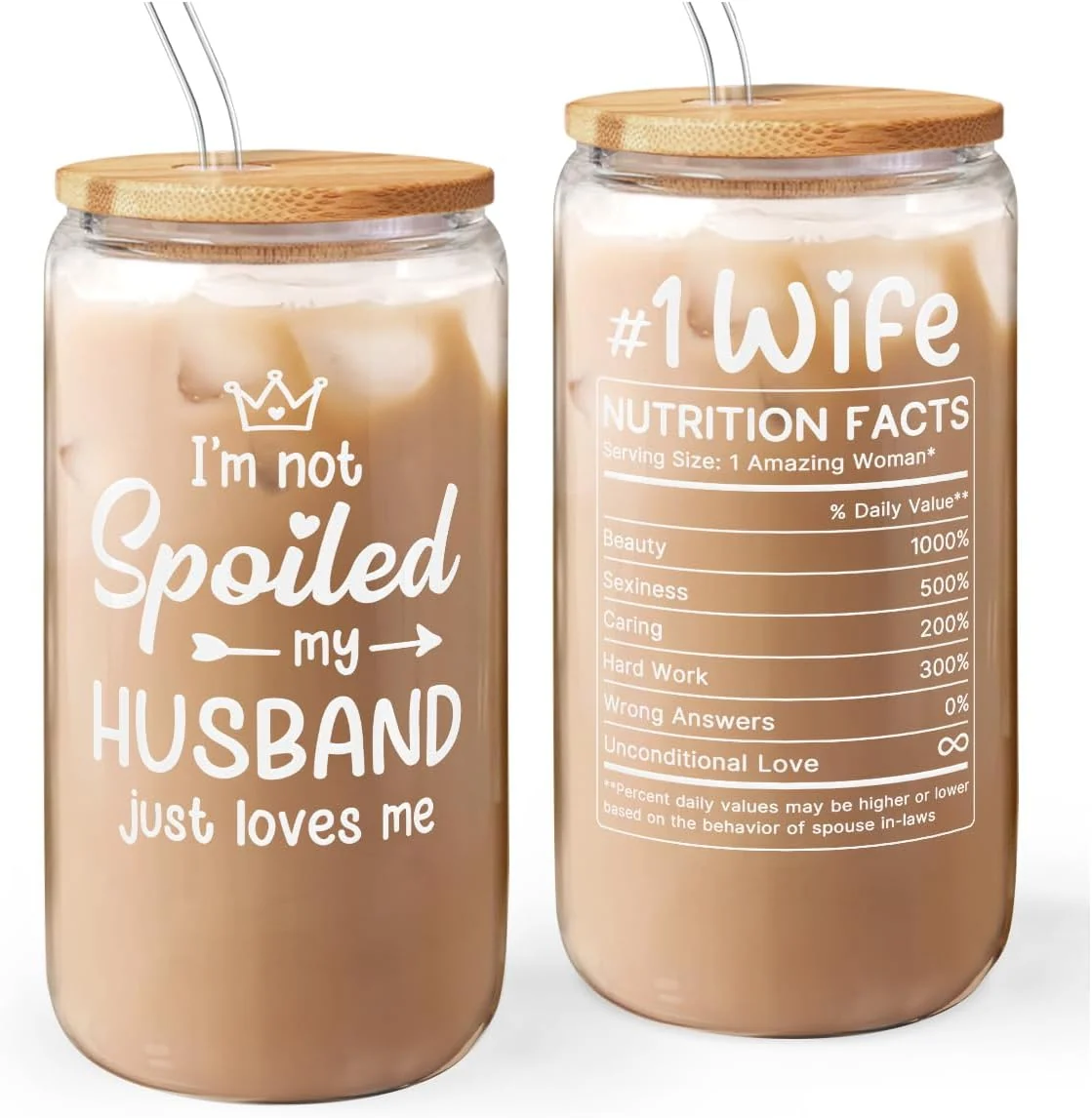 Consistent Wife 16 Oz Can Glass Tumbler with Bamboo Lid and Straw – Iced Coffee Cups for Women Premium Material