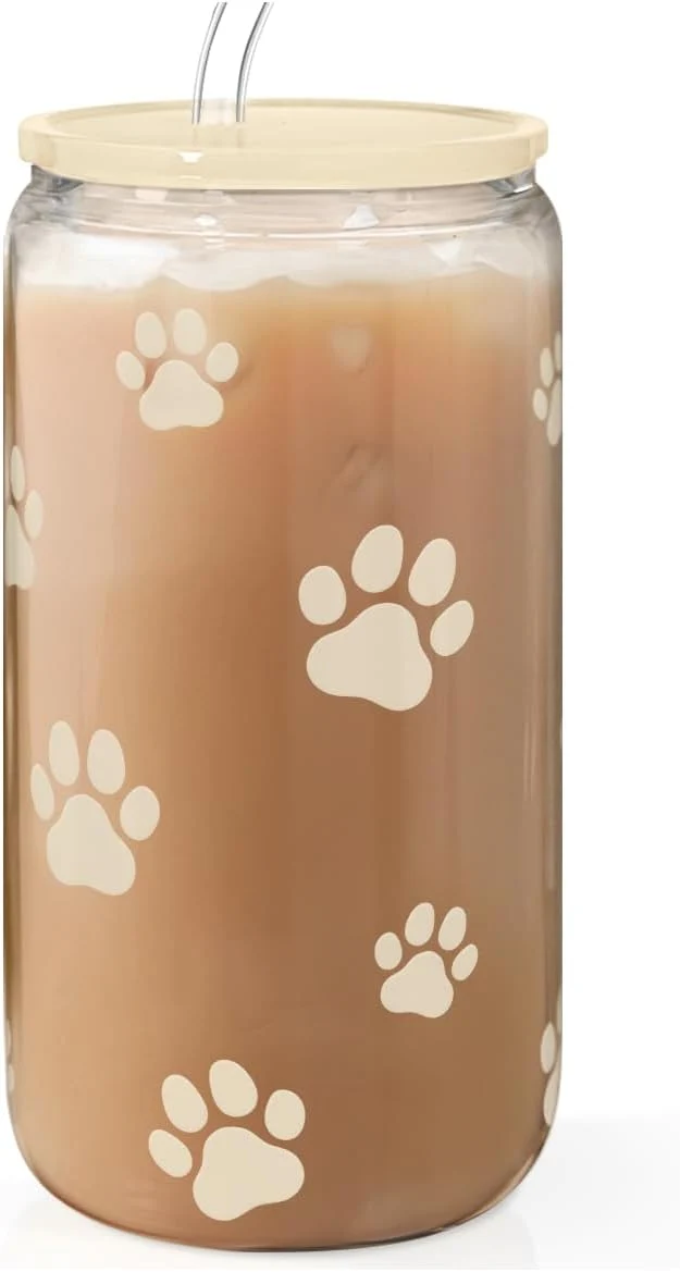 Premium Material Paw Print 16oz Can Glass Tumbler with Acrylic Lid Straw – Iced Coffee Cup for Women Cat Dog Mom Aesthetic Cups Gifts for Birthday Christmas Sophisticated