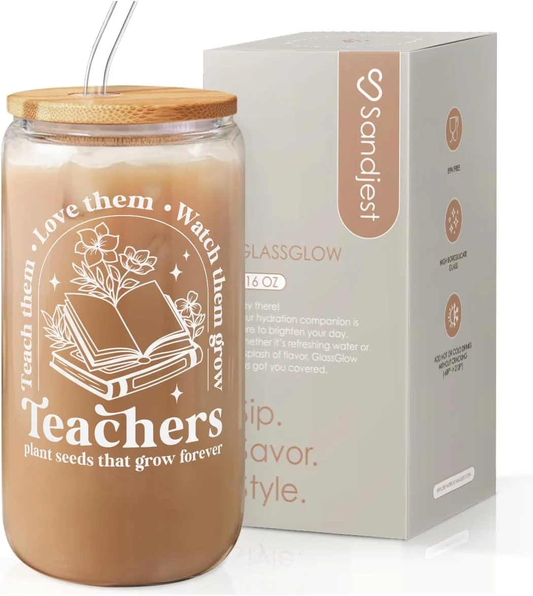 High-Quality SANDJEST Teacher Glass Can Teachers Plant Seeds That Grow Cup with Lid amp Straw Coffee Aesthetic Cups Gift for Christmas Teacher Appreciation Gifts for Women 16oz Enhanced