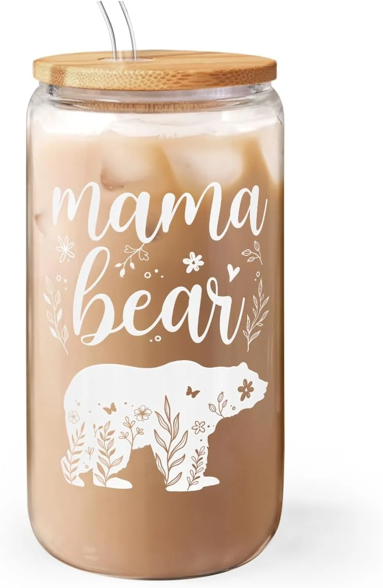 Reliable Mom Gifts – Mama Bear 16 Oz Can Glass Tumbler with Bamboo Lid and Straw – Iced Coffee Cups for Women Comfortable