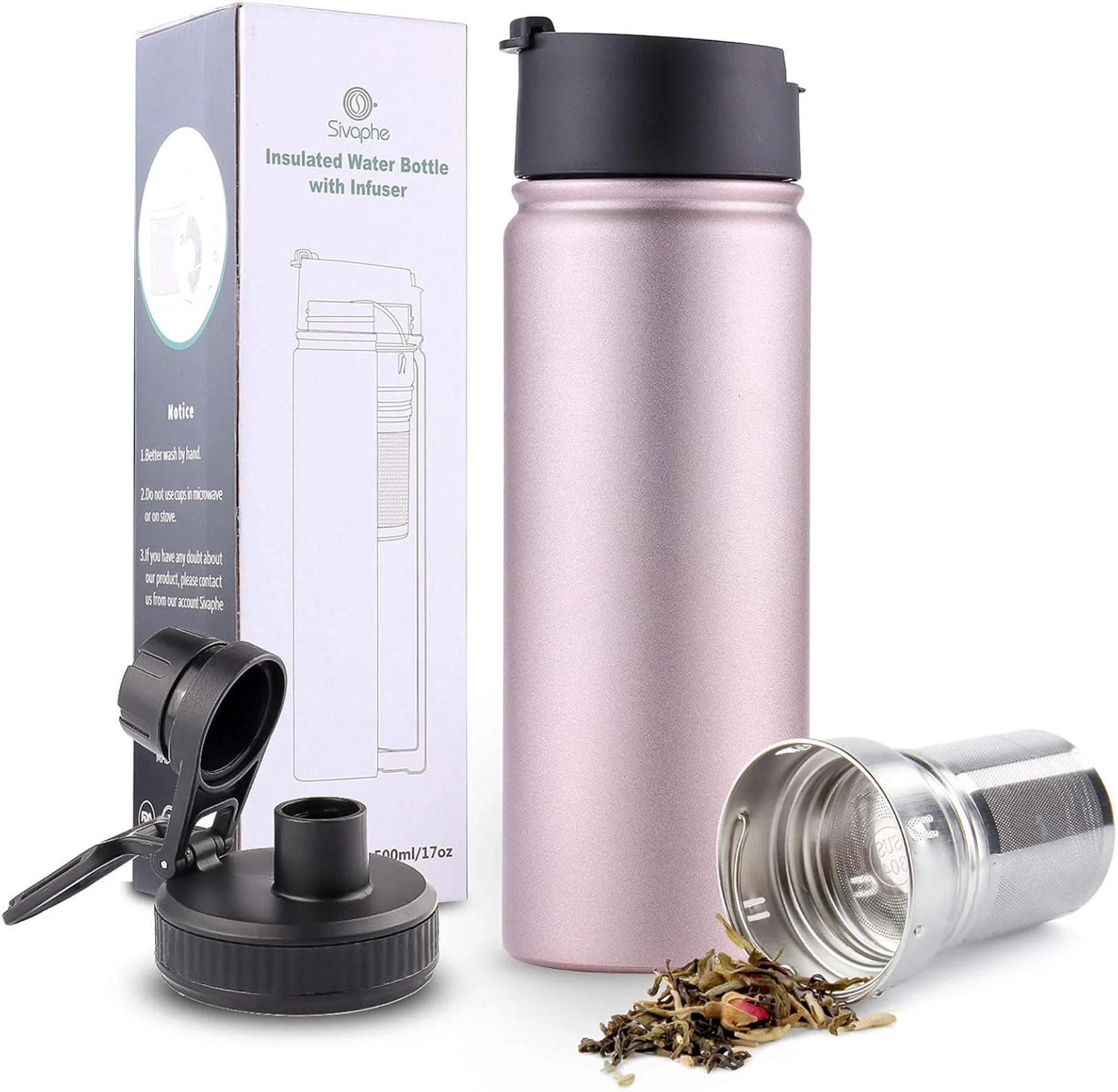 Luxury Infuser Travel Mug with Removable loose leaf Tea Strainer Bottle 18 8 Stainless Steel Insulated Tumbler for Women Rosegold Trendy