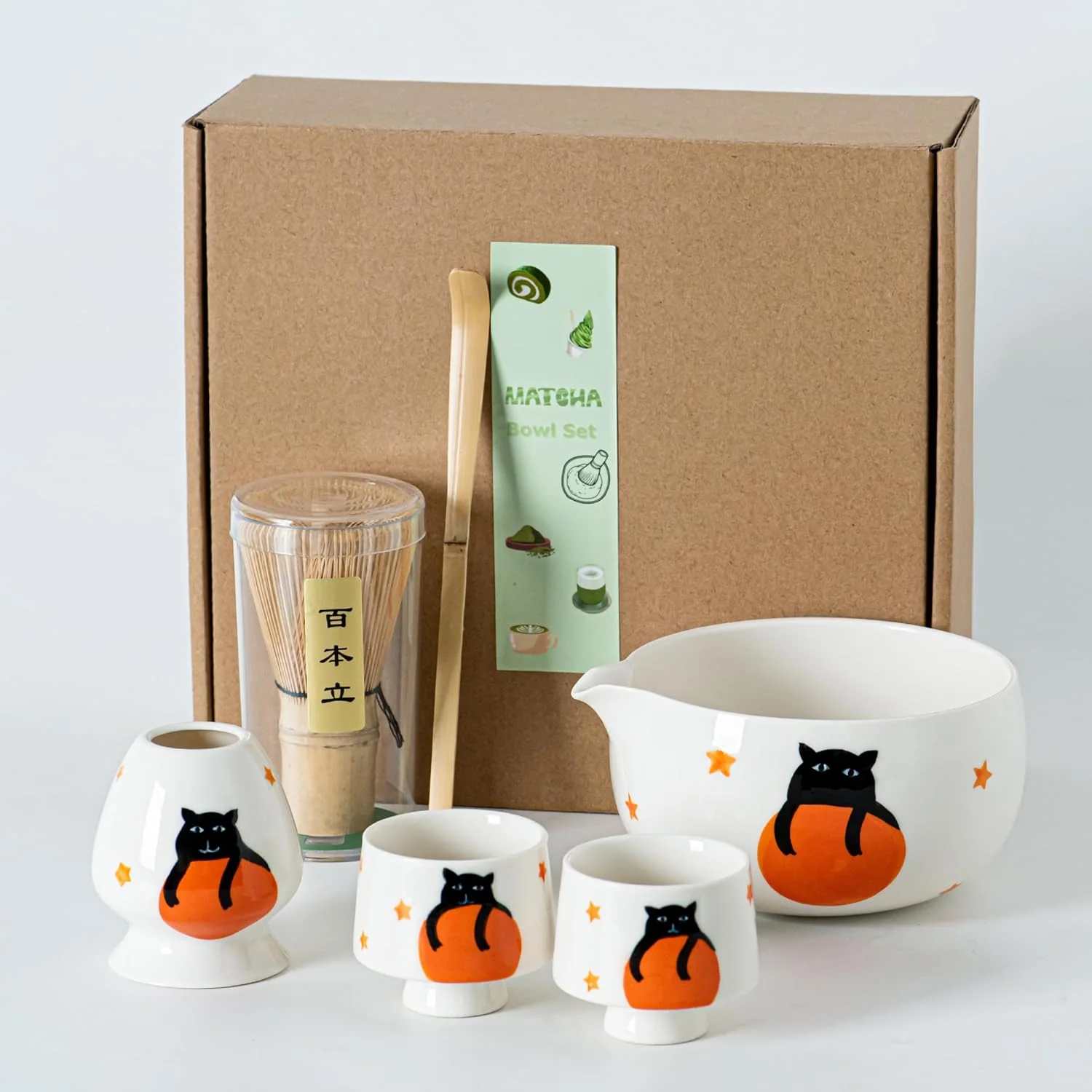 Lightweight Matcha Set -Cute Cat Matcha Bowl Set with Whisk Scoop Whisk Holder 2 Cups 6 Pcs Matcha Tea Ceremony Kit Great Gift for Tea Lovers Sustainable