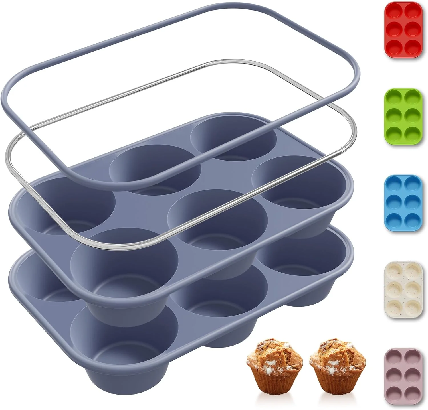 Powerful 2 Pack 6 Cups Silicone Jumbo Muffin Pan with Metal Reinforced Frame Silicone Molds for Baking Cupcake Cake Baking Pans Muffin Tin Tart Pans Baking Easy-to-Use