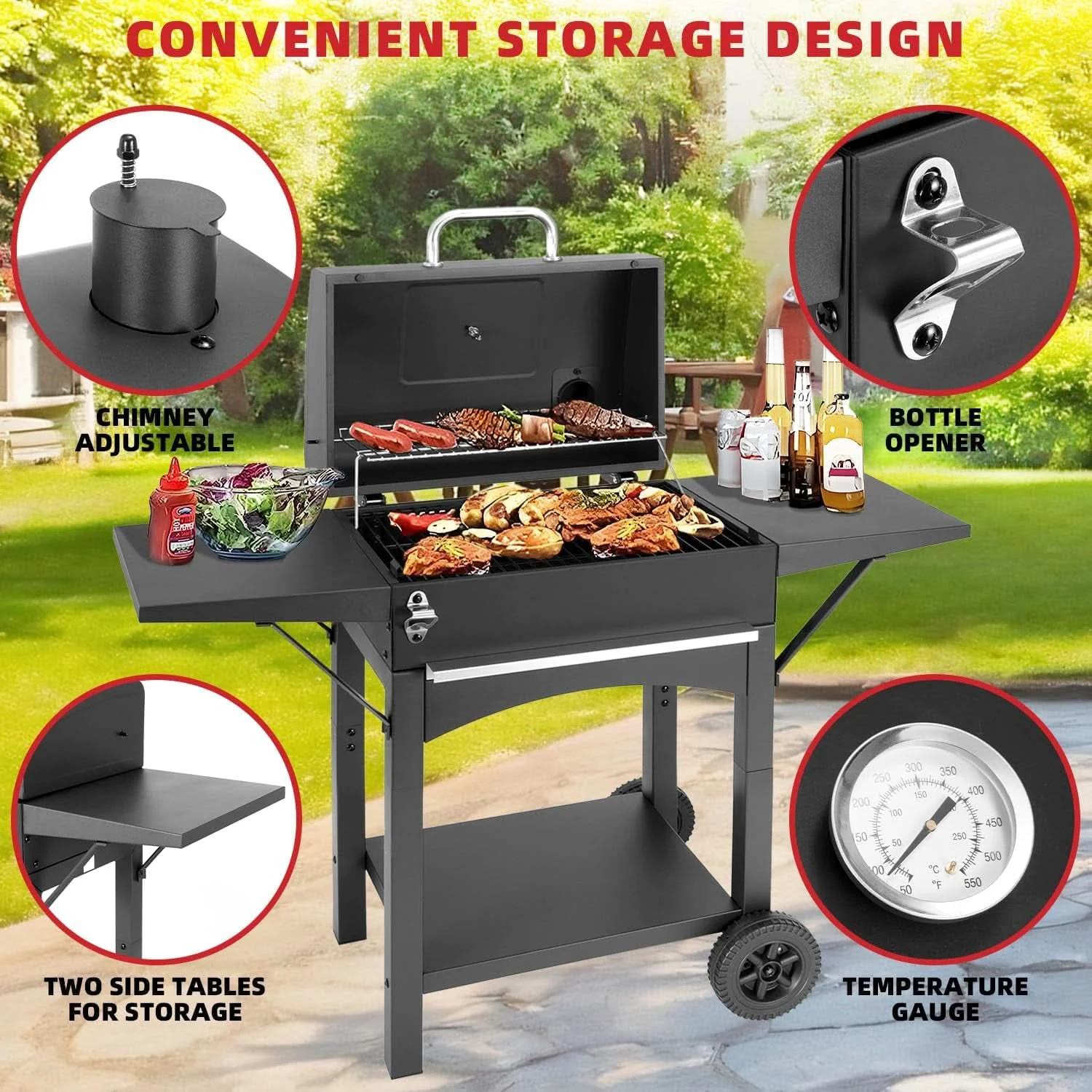 Luxury Charcoal Grill With Side Shelf Outdoor 353 Square Inches Grill Area Fashionable