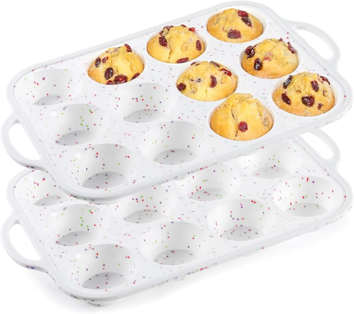 Pure CAKETIME Silicone Muffin Pan with Metal Frame Metal Reinforced Frame Regular Size Cupcake Pan with Handle 12 Cups Nonstick Muffin Pan for Baking BPA 2 Pack Consistent
