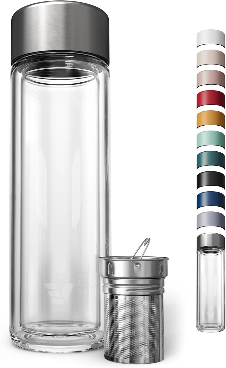 Optimized Glass Multi Tea Infuser Bottle 14oz – Double Wall Borosilicate Glass Flask No Plastic Touches Contents for Office or Home Clean