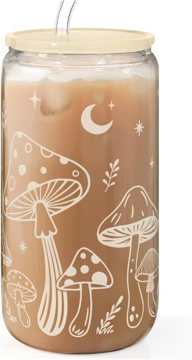 Convenient Mushroom 16oz Can Glass Tumbler with Acrylic Lid Straw Iced Coffee Cup for Women Aesthetic Cups Gifts for Birthday Christmas Natural
