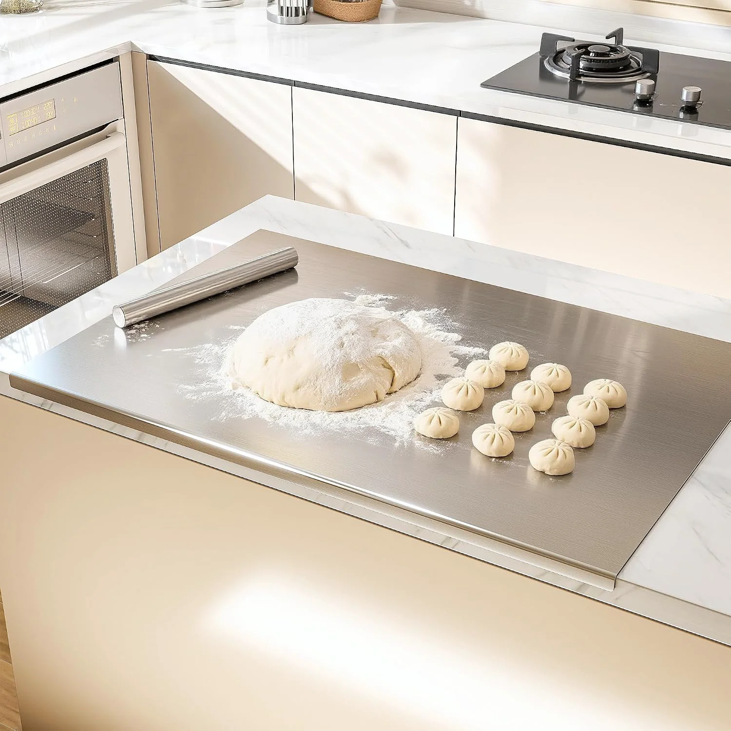Unique Nisorpa Stainless Steel Cutting Board with Lip Chopping Board 35.4 Lx19.7 W Heavy-duty metal chopping board with rolling pin pastry kneading dough board safe rounded edges for baking prep stove. Dependable